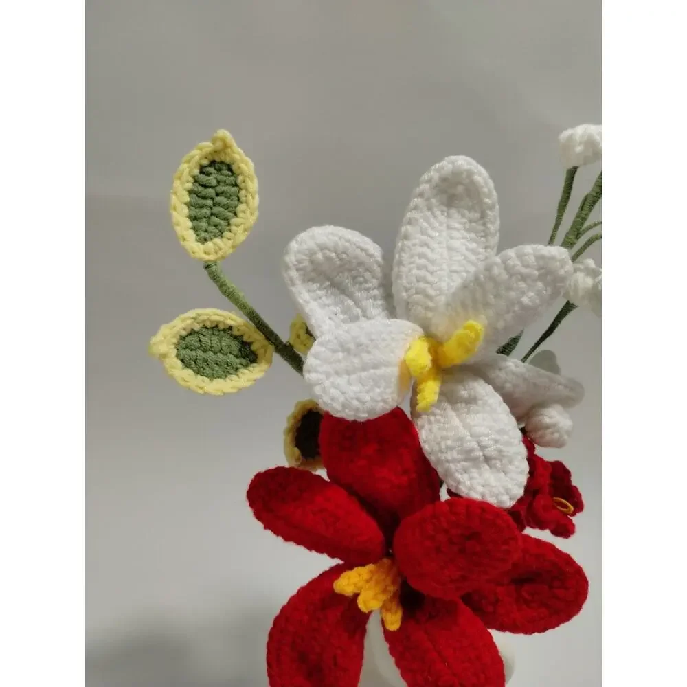 Crochet Flower Bouquet in Vase - Red White - Green Leaves - Baby's Breath